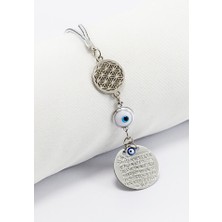 Biuti Yaşam Çiçeği Çerçeveli Beyaz Nazar Boncuklu Metal Ayetel Kürsi Dualı Dikiz Ayna Süsü, Araba Hediyesi