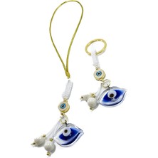 Biuti Beyaz Boncuklu Çerçeveli Nazar Cam Nazarlı Göz Araba Dikiz Ayna Süsü, Anahtarlık Ikili Set