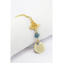 Biuti Osmanlı Tuğrası Mavi Nazar Boncuklu Küçük Metal Ayetel Kürsi Araba Dikiz Ayna Süsü Gold Renkli