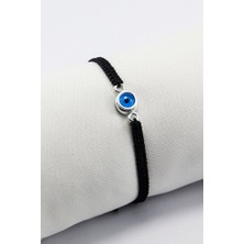 Biuti Gümüş Renkli Metal Çift Taraflı Nazar Boncuğu Ayarlanabilir Asansörlü Siyah Bileklik