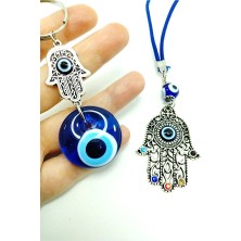 Ennea Art Metal Fatıma Eli/hamse Nazar Boncuğu Taşlı Araba Dikiz Ayna Süsü Cam Anahtarlık Hediyelik Set