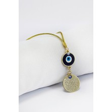 Biuti Lacivert Nazar Boncuklu Metal Ayetel Kürsi Araba Dikiz Ayna Süsü, Gold Renkli