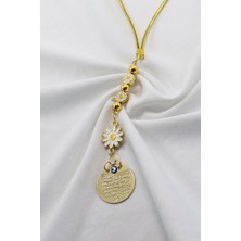 Biuti Beyaz Papatyalı Metal Ayetel Kürsi Araba Dikiz Ayna Süsü, Gold Renkli