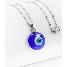 Biuti Paslanmaz Çelik Gümüş Renk El Yapımı Cam Nazar Boncuklu Çelik Kolye , Hediyelik Kolye (60 Cm)