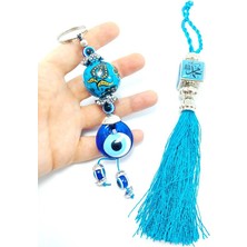 Ennea Art Allah-Muhammed Lafzı Araba Dikiz Ayna Süsü+ Turkuaz Seramik Nazar Boncuğu Anahtarlık Hediyelik Set