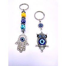 Ennea Art Nazar Boncuğu Fatıma Eli Anahtarlık + Metal Baykuş Anahtarlık/dikiz Ayna Süsü Ikili Set Hediyelik