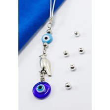 Biuti Mavi Cam Yassı Nazar Boncuklu Kuşlu El Yapımı Cam Nazar Boncuklu Araba Dikiz Ayna Süsü