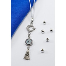 Biuti Gümüş Renkli Parlak Taşlı Ay Yıldız Püsküllü Zirkon Araba Dikiz Ayna Süsü, Yeni Araba Hediyesi