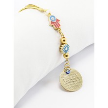 Biuti Renkli Hamse Çiçek Aksesuarlı Gold Renkli Metal Ayetel Kürsi Araba Dikiz Ayna Süsü, Araba Hediyesi