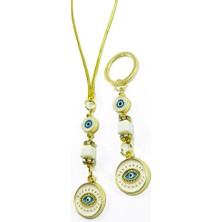 Biuti Beyaz Parlak Taşlı Küp Boncuk Detaylı Göz Figürlü Araba Dikiz Ayna Süsü, Anahtarlık Ikili Set