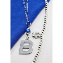 Biuti El Yapımı Lacivert Cam Nazar Boncuklu Gümüş Renkli Metal B Harfi Dikiz Ayna Süsü