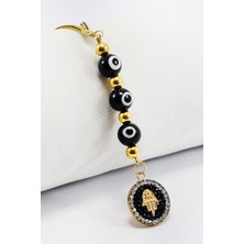 Biuti El Yapımı Siyah Cam Nazar Boncuklu Parlak Taşlı Hamse Eli Figürlü Araba Dikiz Ayna Süsü