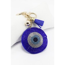 Biuti Lacivert Keçe Üzerine Parlak Taşlı Nazarlı Püsküllü Anahtarlık, Hediyelik Çanta Süsü