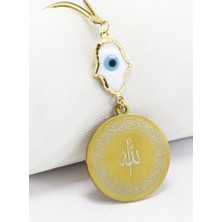 Biuti Beyaz Nazarlı Hamse Eli Gold Çelik Hat Ayetel Kürsi Felak Nas Ihlas Dikiz Ayna Süsü (3,5)