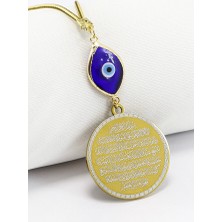 Biuti Lacivert Nazarlı Gold Çelik Çerçeveli Ayetel Kürsi Felak Nas Ihlas Dikiz Ayna Süsü (3,5)
