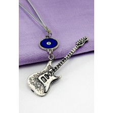 Biuti Gümüş Renkli Eskitme Metal Mineli Nazar Boncuklu Gitar Figürlü Araba Dikiz Ayna Süsü