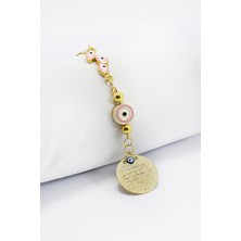 Biuti Çerçeveli Yassı Nazar Boncuklu Metal Ayetel Kürsi Araba Dikiz Ayna Süsü, Gold Renkli