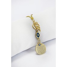 Biuti Sevimli Kuş Figürlü Elips Nazar Metal Ayetel Kürsi Araba Dikiz Ayna Süsü, Gold Renkli