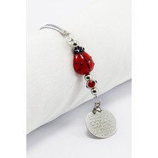 Biuti El Yapımı Kırmızı Cam Uğur Böcekli Metal Ayetel Kürsi Dualı Dikiz Ayna Süsü, Araba Hediyesi