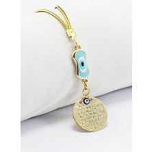 Biuti Bebe Mavisi Elips Nazarlı Metal Ayetel Kürsi Dualı Dikiz Ayna Süsü, Yeni Araba Hediyesi