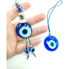 Ennea Art Dikiz Ayna Süsü El Boyama Cam Nazar Boncuğu + Metalik Boncuklu Nazar Anahtarlık Ikili Hediyelik Set