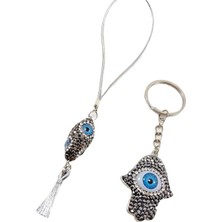 Biuti Taşlı Nazar Boncuğu Dikiz Ayna Süsü + Taşlı Fatma Ana Eli Metal Anahtarlık Hediyelik Set