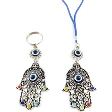 Ennea Art Hamse Eli Araba Dikiz Ayna Süsü+ Taşlı Hamse Eli Metal Anahtarlık Hediyelik Ikili Set