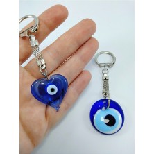 Ennea Art Kalp Cam Nazar Boncuğu Anahtarlık+ Sade Anahtarlık/araba Dikiz Ayna Süsü El Yapımı Hediyelik Set