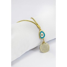 Biuti Turkuaz Nazar Boncuklu Metal Ayetel Kürsi Araba Dikiz Ayna Süsü, Gold Renkli