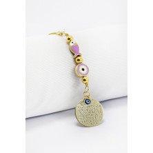 Biuti Lila Balık Çerçeveli Nazar Aksesuarlı Metal Ayetel Kürsi Araba Dikiz Ayna Süsü, Gold Renkli