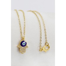 Biuti Gold Renkli Parlak Taşlı Hamse Lak Kaplama Bijuteri Kolye (Zincir 45 Cm), Nazar Boncuklu