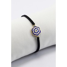 Biuti Metal Lacivert Çiçekli Nazar Boncuğu Ayarlanabilir Asansörlü Bileklik