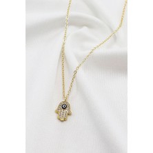 Biuti Gold Renkli Parlak Taşlı Nazarlı Hamse Lak Kaplama Bijuteri Kolye (Zincir 45 Cm)