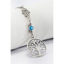 Biuti Gümüş Renkli Hamse Eli Nazar Boncuklu Metal Hayat Ağacı Araba Dikiz Ayna Süsü