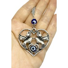 Biuti El Yapımı Mavi Cam Nazar Boncuklu Metal Kuşlu Kalp Araba Dikiz Ayna Süsü ,yeni Araba Hediyesi