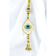 Biuti Yeni Araba Hediyesi, Beyaz Nazar Boncuğu Metal Püsküllü Dikiz Ayna Süsü