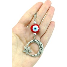 Biuti Özel Tasarım Metal Ay Yıldız Hilal Araba Dikiz Ayna Süsü, El Yapımı Cam Kırmızı Nazar Boncuğu