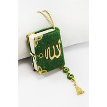 Biuti El Yapımı Cam Nazar Boncuklu Püsküllü Yeşil Renk Kadife Mini Kur' An-I Kerim Araba Dikiz Ayna Süsü