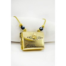 Biuti Altın Renkli El Yapımı Siyah Cam Nazarlı Deri Çantalı Mini Kur'an-I Kerim Lastikli Oto Ayna Süsü