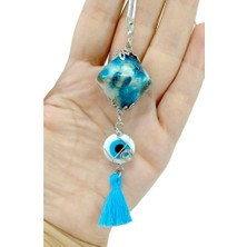 Biuti Turkuaz Püsküllü Seramik Araba Dikiz Ayna Süsü, Beyaz Nazar Boncuklu Hediyelik Aksesuar