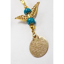 Biuti Melek Kanadı Turkuaz Doğaltaş Boncuklu Gold Renkli Metal Ayetel Kürsi Araba Dikiz Ayna Süsü