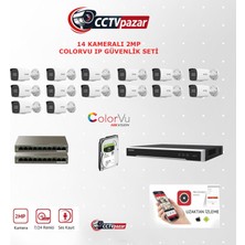 Hikvision Cctvpazar 14 Kameralı 2 Mp Colorvu Ip Güvenlik Kamera Seti DS-2CD1027G2H-LIUF (Dahili Mikrofonlu) 2tb