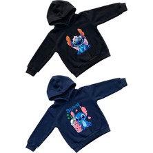 Machi Kız Çocuk Siyah Lacivert Stitch Baskılı Kapüşonlu Sweatshirt Hoodie Pamuklu Rahat Kalıp