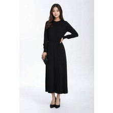 Mamayaga Kadın Uzun Kol Bisiklet Yaka Belden Asimetrik Etek Triko Spor Şık Elbise