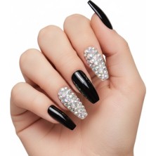 Eda Luxury Beauty 24'lü Siyah Takma Tırnak Seti Lüks 3D Kristal Taşlı Parlak Desenli Extra Uzun Küt Kare Balerin Yapıştırıcılı False Nails Set