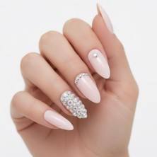 Eda Luxury Beauty 24'lü Nude Pembe Takma Tırnak Seti Lüks 3D Kristal Taşlı Desenli Uzun Oval Badem Stiletto Yapıştırıcılı False Nails Set