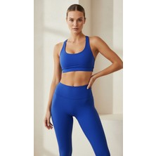 H1Style Plates Yoga Fitnes Kadın Sporcu Üstü Crop Çiftkatlı Mavi Pedli