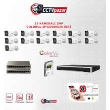 Hikvision Cctvpazar 13 Kameralı 2 Mp Colorvu Ip Güvenlik Kamera Seti DS-2CD1027G2H-LIUF (Dahili Mikrofonlu) 2tb