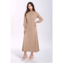 Mamayaga Kadın Uzun Kol Bisiklet Yaka Belden Asimetrik Etek Triko Spor Şık Elbise