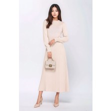 Mamayaga Kadın Uzun Kol Bisiklet Yaka Belden Asimetrik Etek Triko Spor Şık Elbise